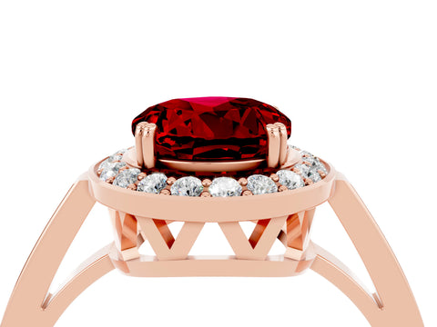 Rose gold {shape_name} Ruby Halo Ring with Split Shank and Four-Prong Setting_4