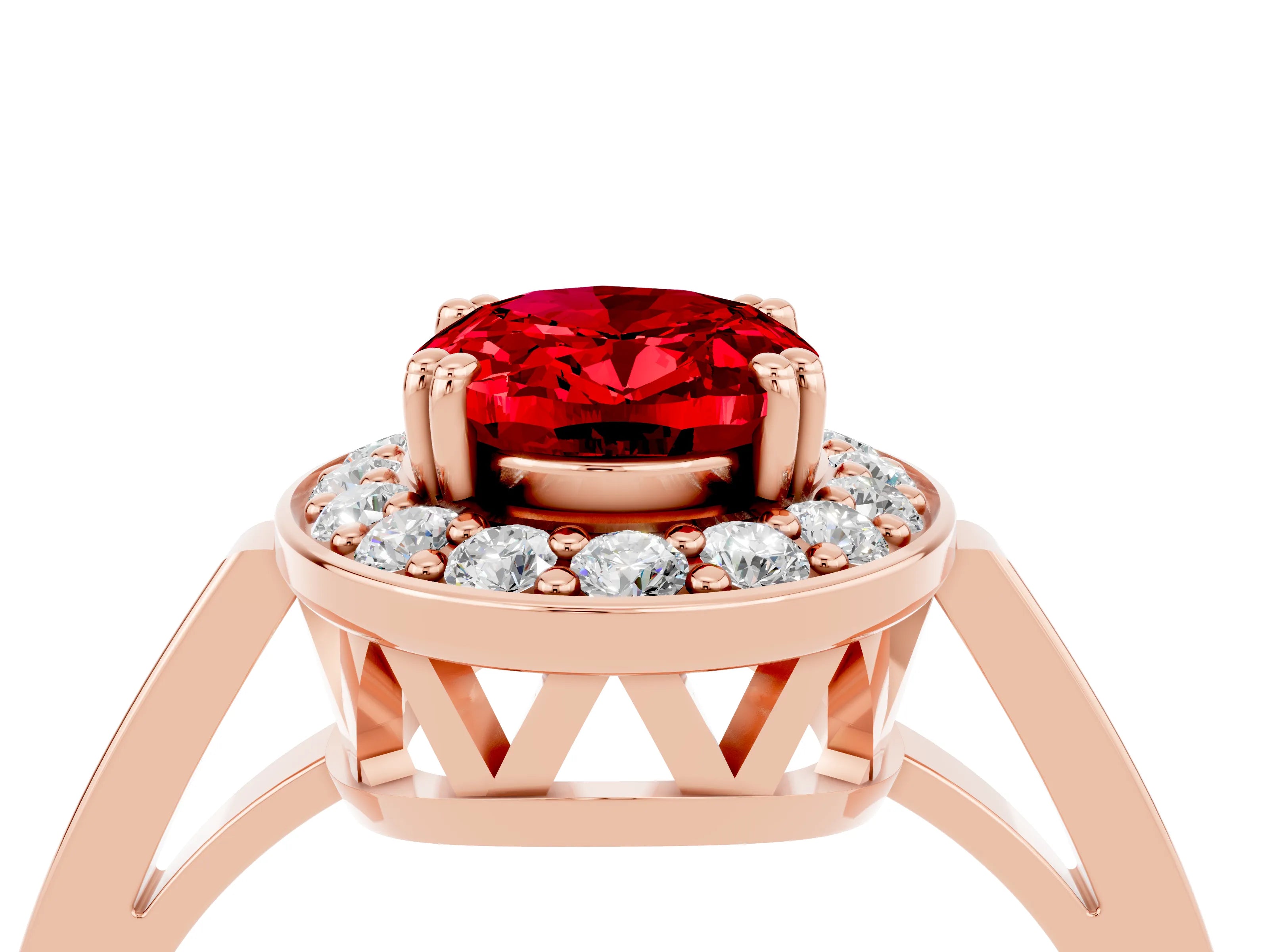 Rose gold {shape_name} Ruby Halo Ring with Split Shank and Four-Prong Setting_4