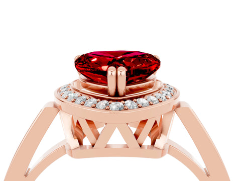 Rose gold {shape_name} Ruby Halo Ring with Split Shank and Four-Prong Setting_4
