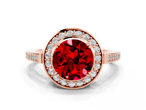 Rose gold {shape_name} Ruby Halo Ring with Split Shank and Four-Prong Setting
