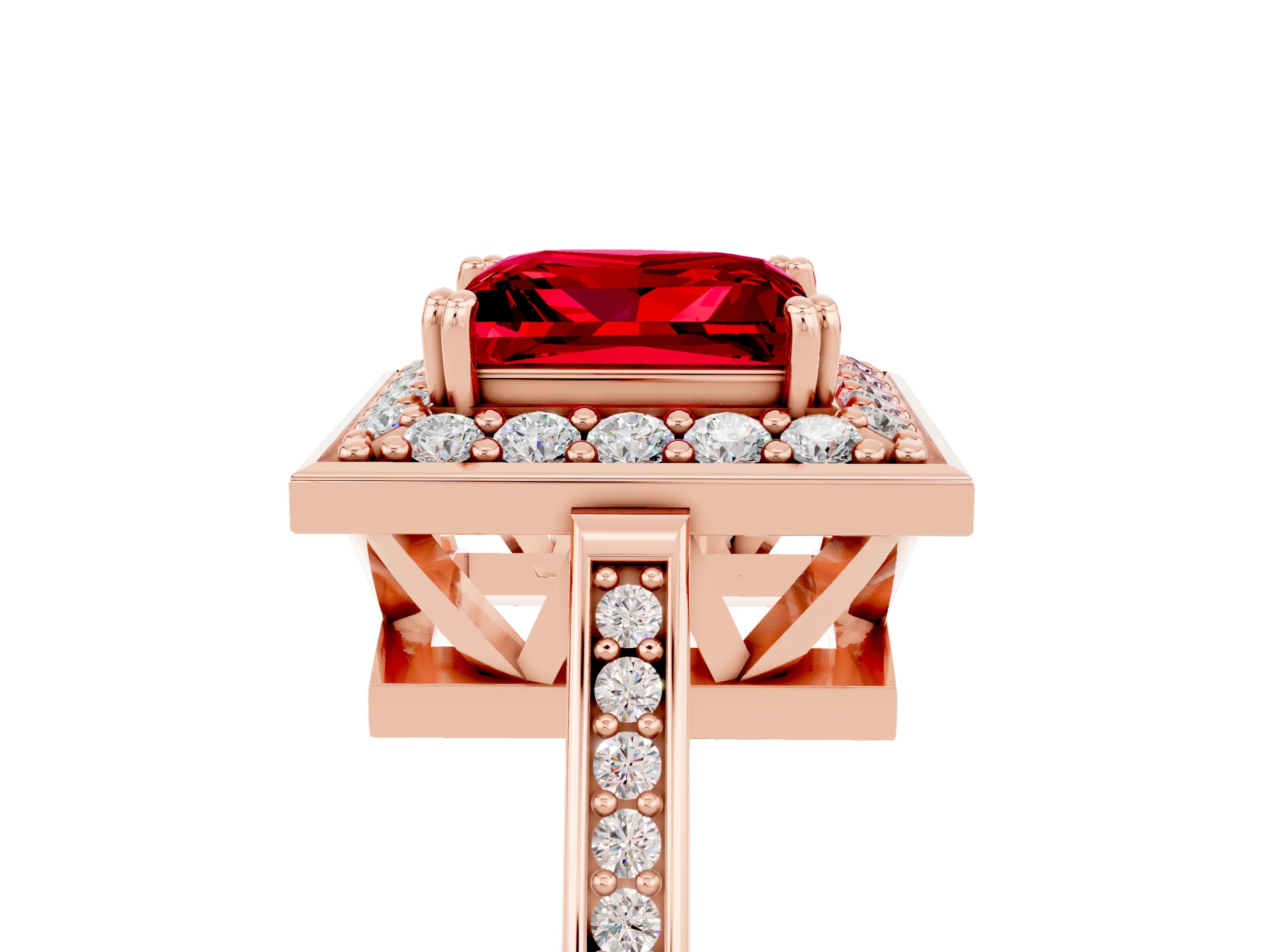 Rose gold {shape_name} Ruby Halo Ring with Split Shank and Four-Prong Setting_5
