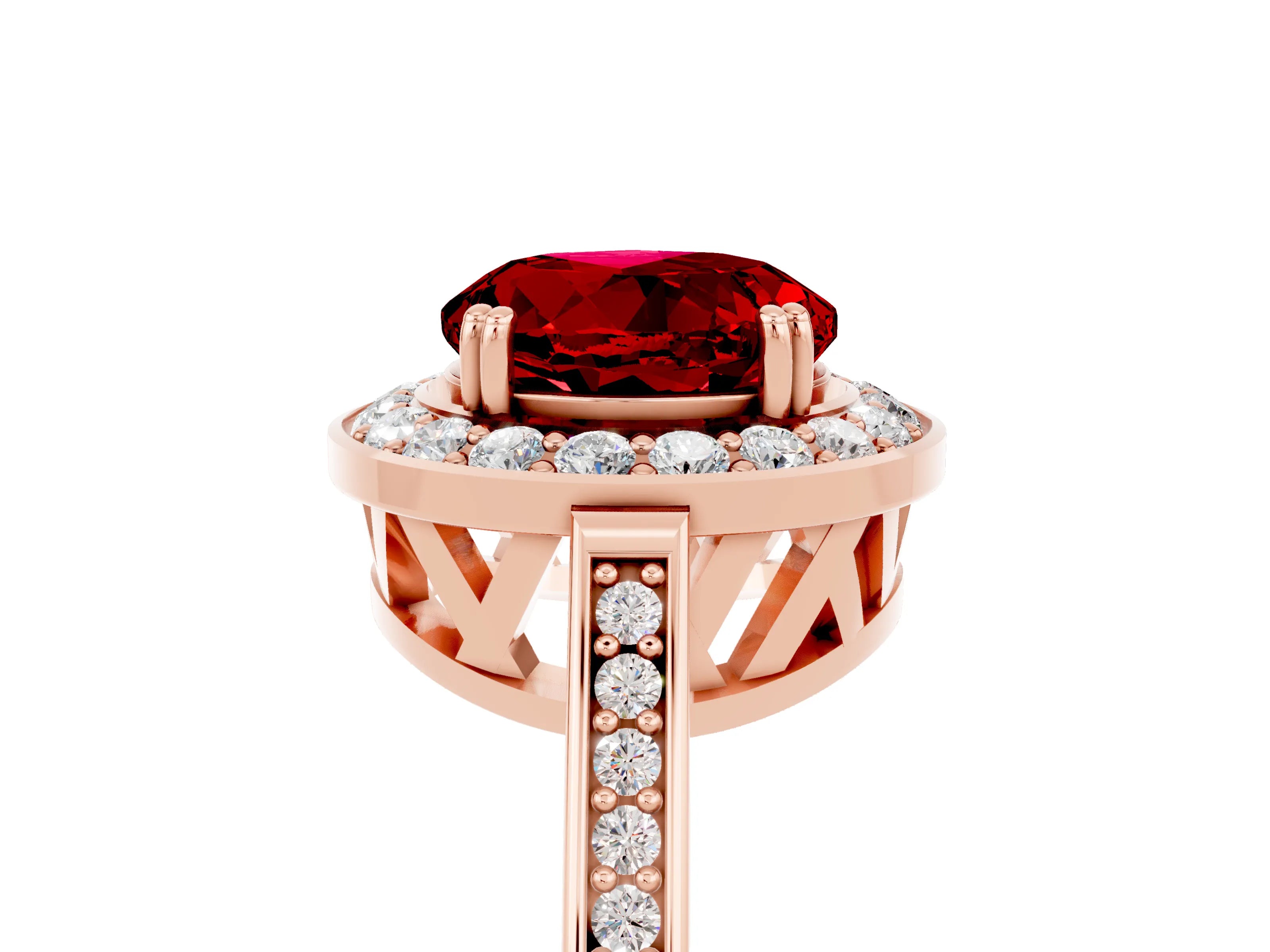 Rose gold {shape_name} Ruby Halo Ring with Split Shank and Four-Prong Setting_5