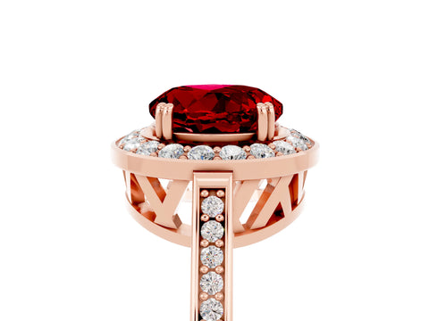 Rose gold {shape_name} Ruby Halo Ring with Split Shank and Four-Prong Setting_5