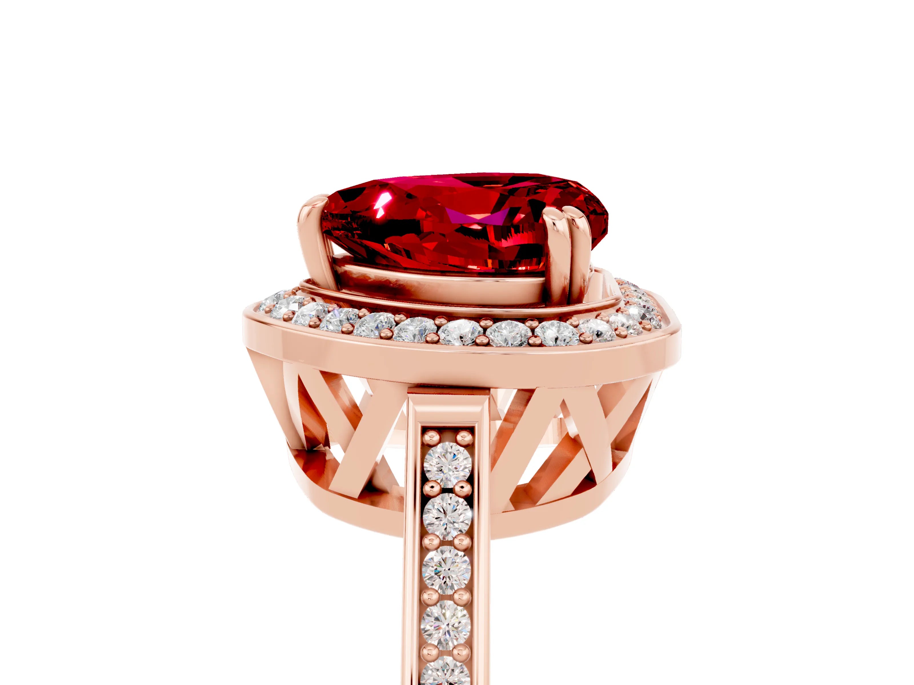 Rose gold {shape_name} Ruby Halo Ring with Split Shank and Four-Prong Setting_5