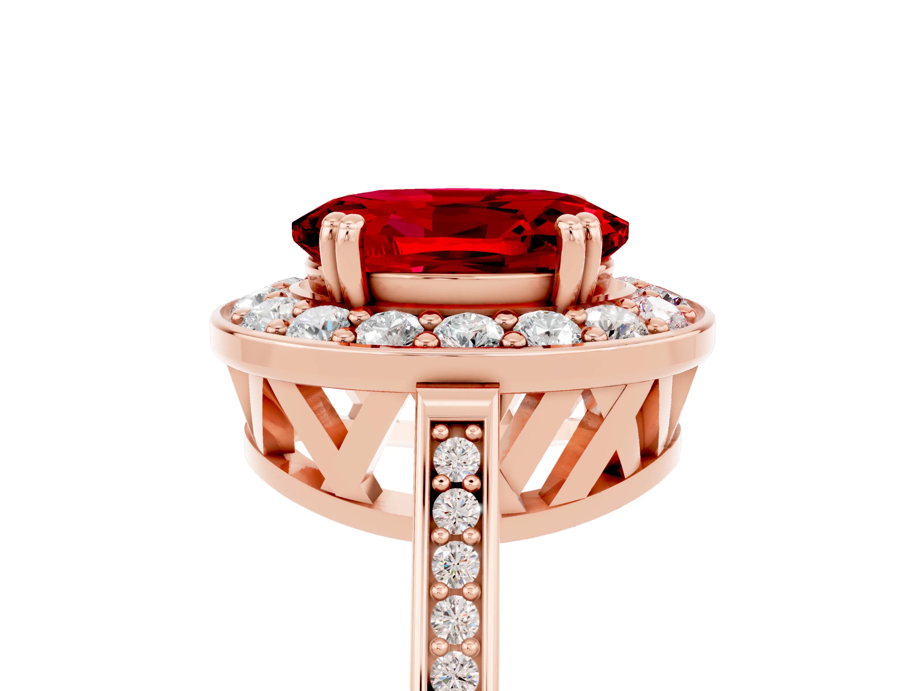 Rose gold {shape_name} Ruby Halo Ring with Split Shank and Four-Prong Setting_5