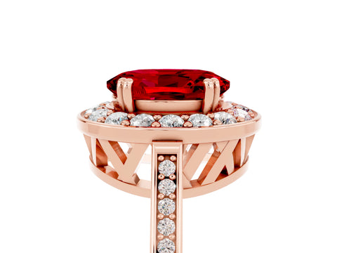 Rose gold {shape_name} Ruby Halo Ring with Split Shank and Four-Prong Setting_5