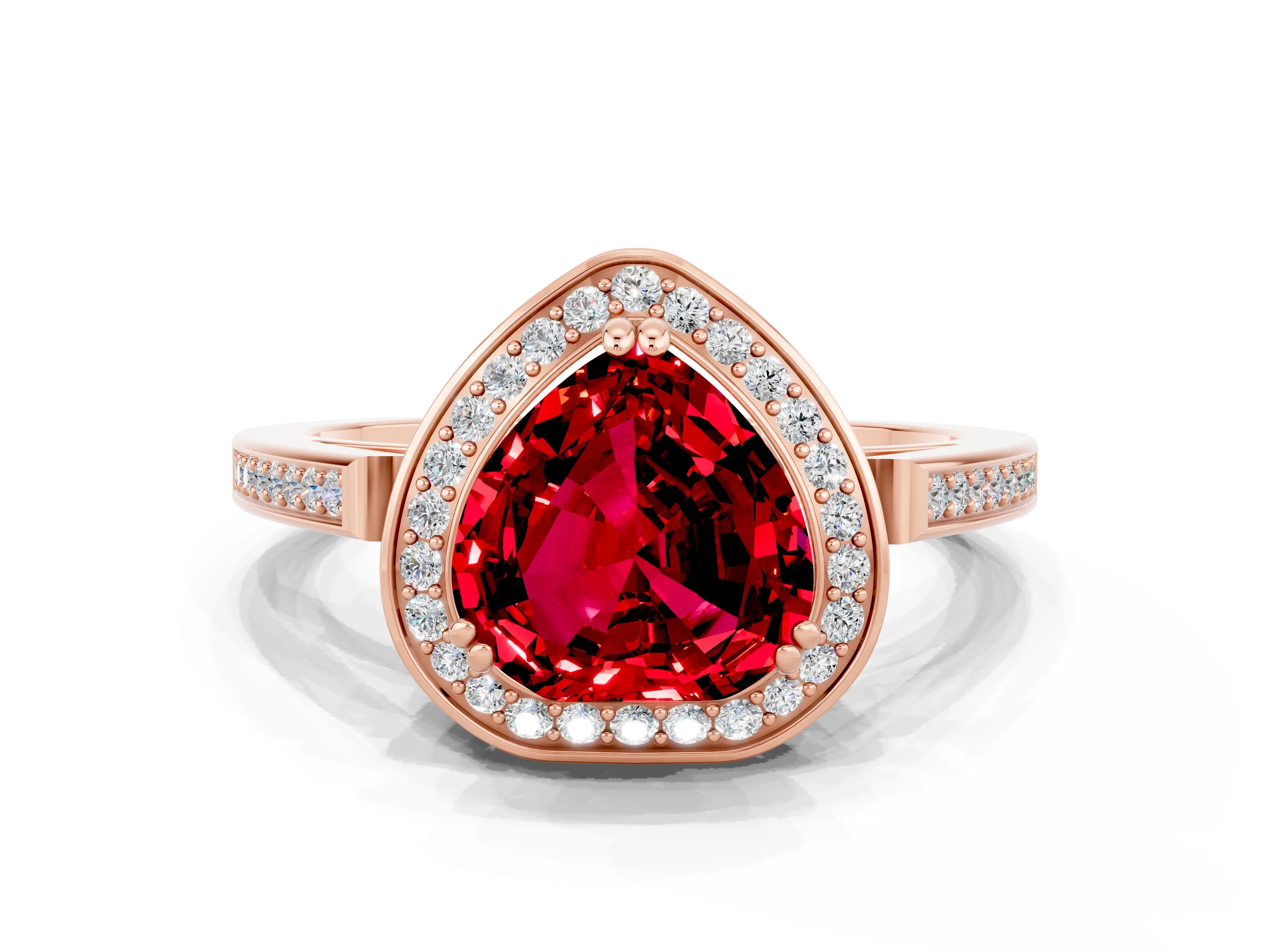 Rose gold {shape_name} Ruby Halo Ring with Split Shank and Four-Prong Setting