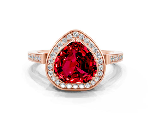 Rose gold {shape_name} Ruby Halo Ring with Split Shank and Four-Prong Setting