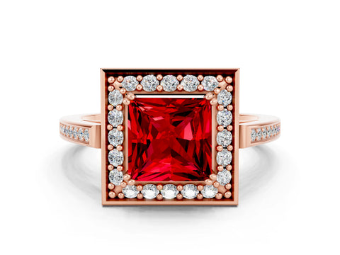 Rose gold {shape_name} Ruby Halo Ring with Split Shank and Four-Prong Setting