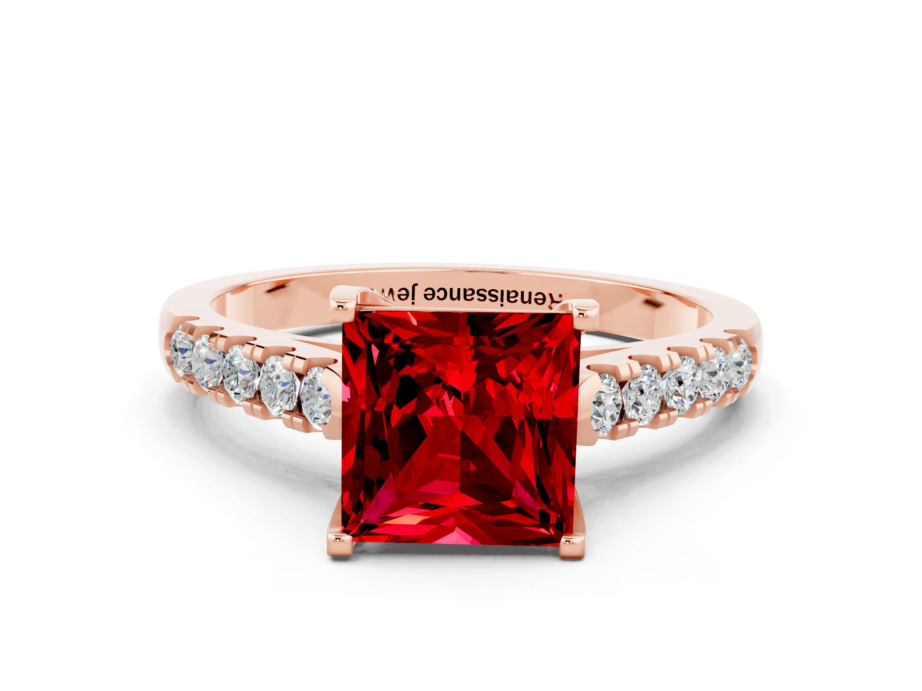 Rose gold {shape_name} Ruby Solitaire Ring with Pavé Band and Four-Prong Setting