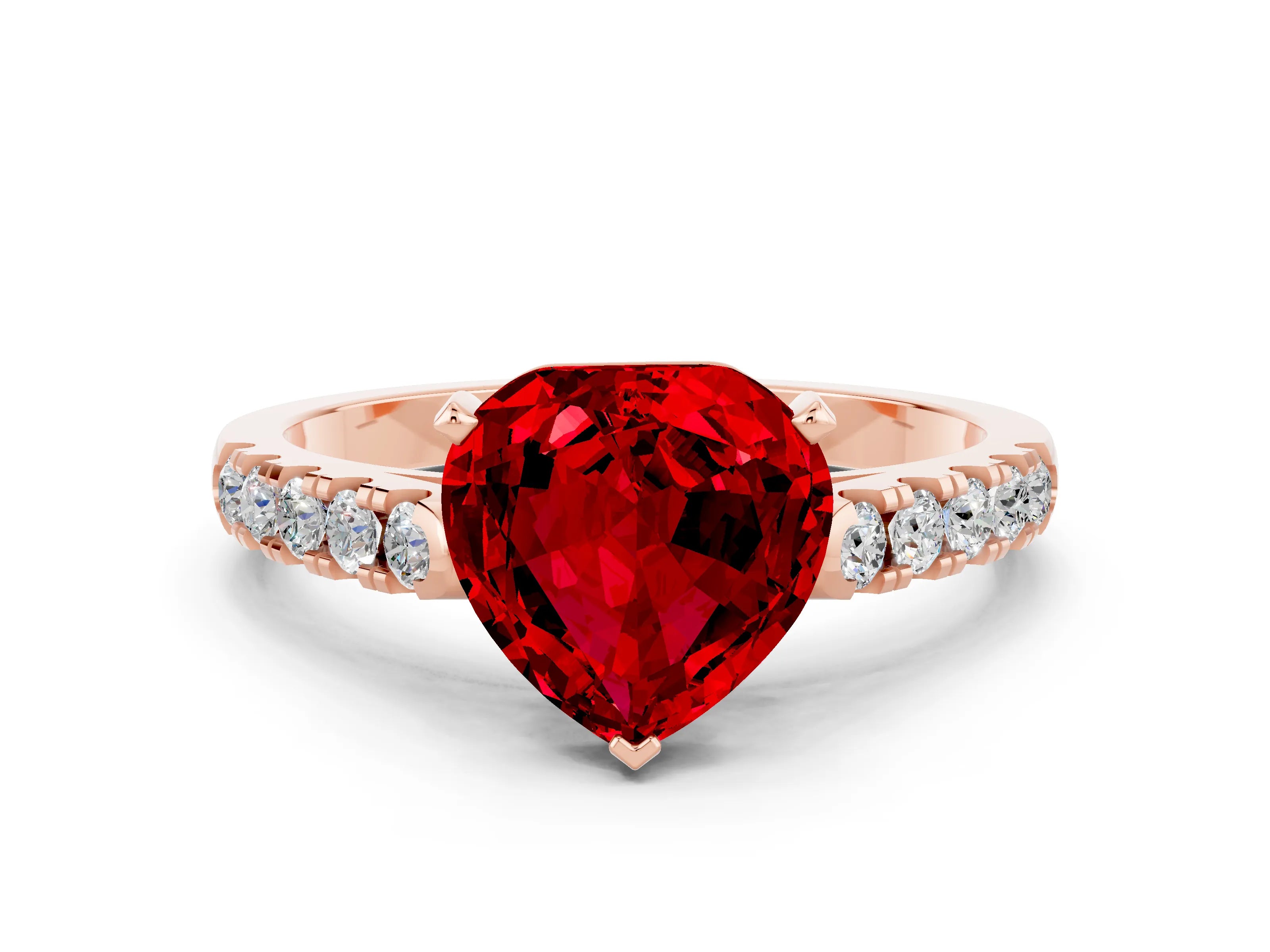 Rose gold {shape_name} Ruby Solitaire Ring with Pavé Band and Four-Prong Setting