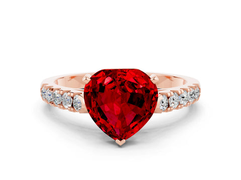 Rose gold {shape_name} Ruby Solitaire Ring with Pavé Band and Four-Prong Setting