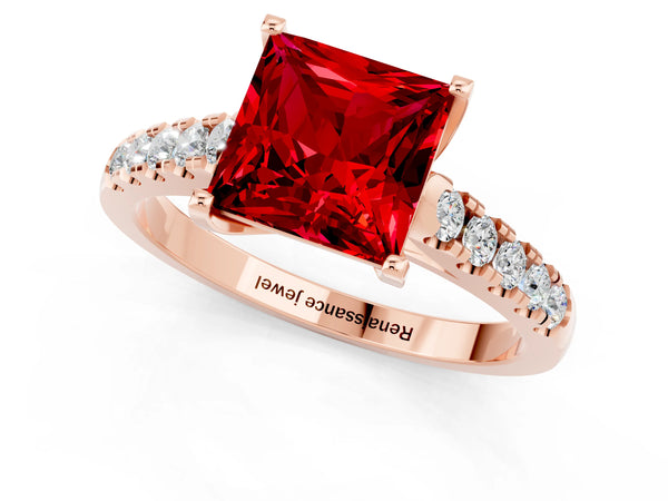 Rose gold Princess Cut Ruby Pavé Band Solitaire Ring with Prong Setting