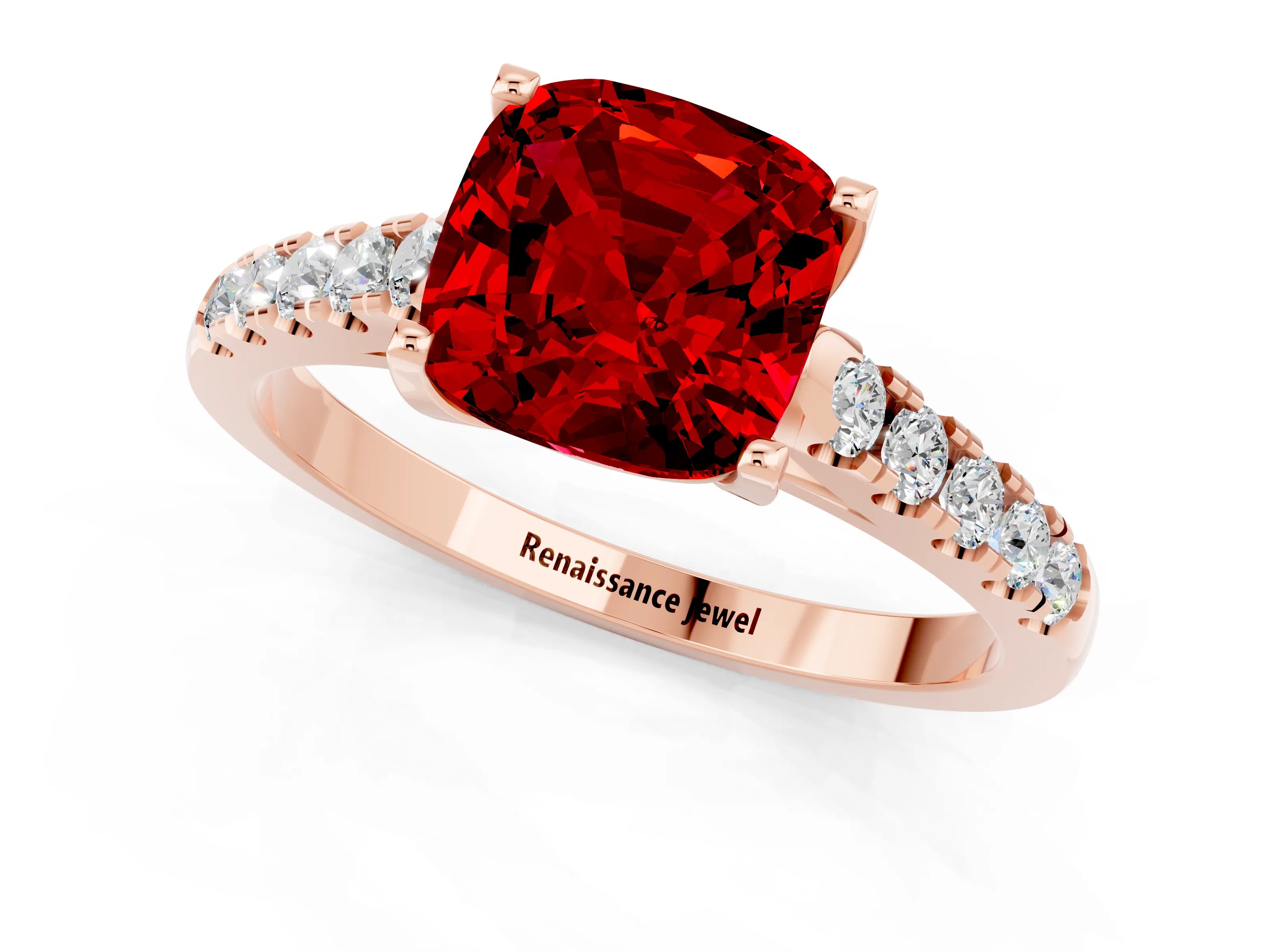 Rose gold {shape_name} Ruby Solitaire Ring with Pavé Band and Four-Prong Setting_1