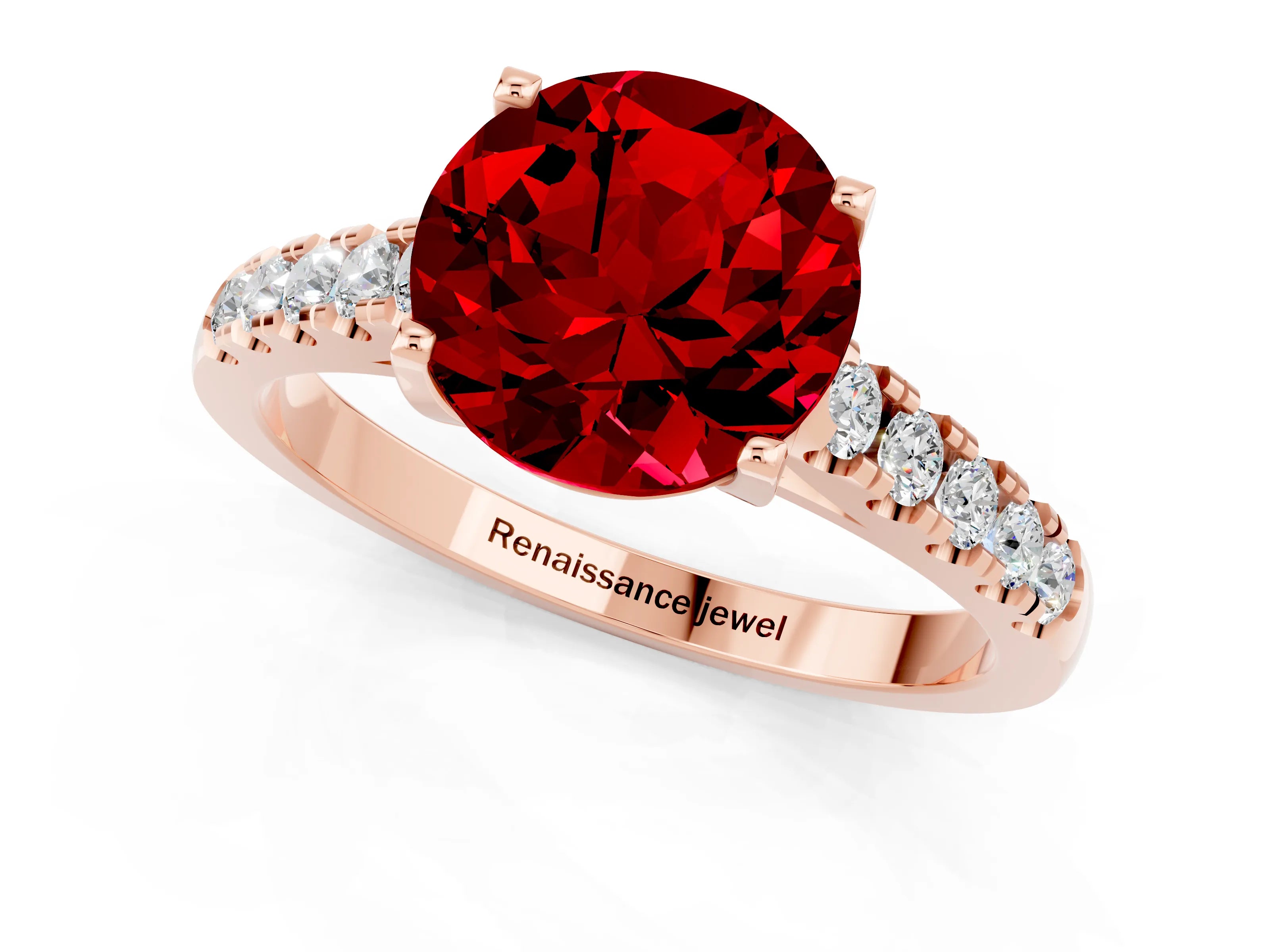 Rose gold {shape_name} Ruby Solitaire Ring with Pavé Band and Four-Prong Setting_1