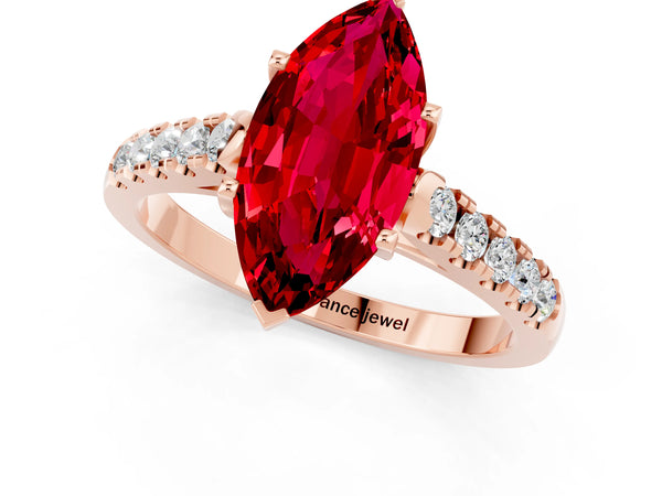 Rose gold Marquise Cut Ruby Pavé Band Solitaire Ring with Prong Setting
