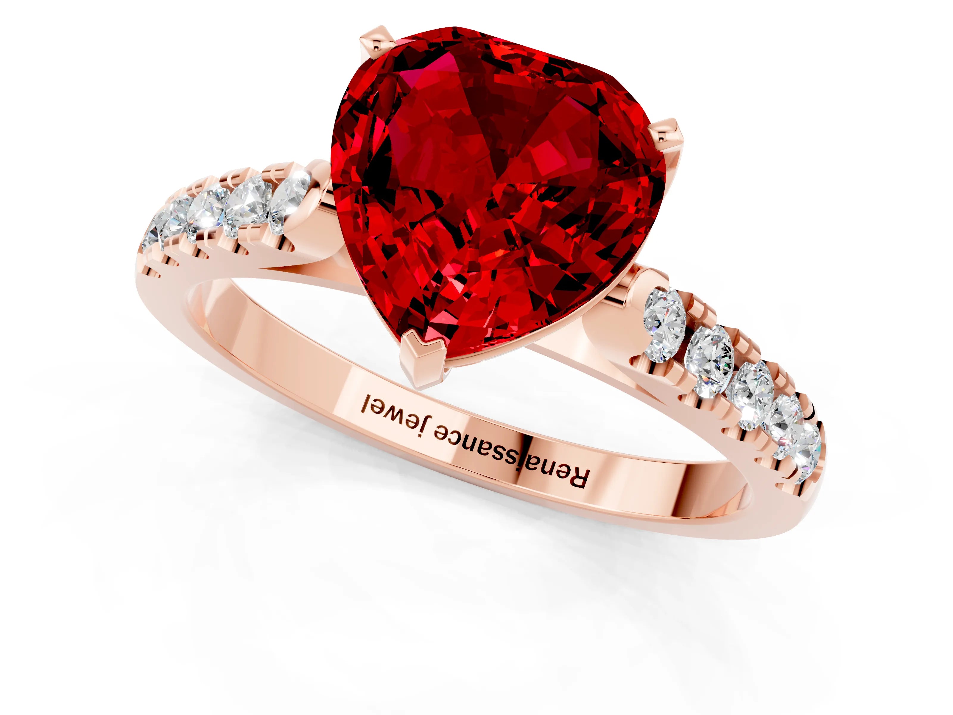 Rose gold {shape_name} Ruby Solitaire Ring with Pavé Band and Four-Prong Setting_1