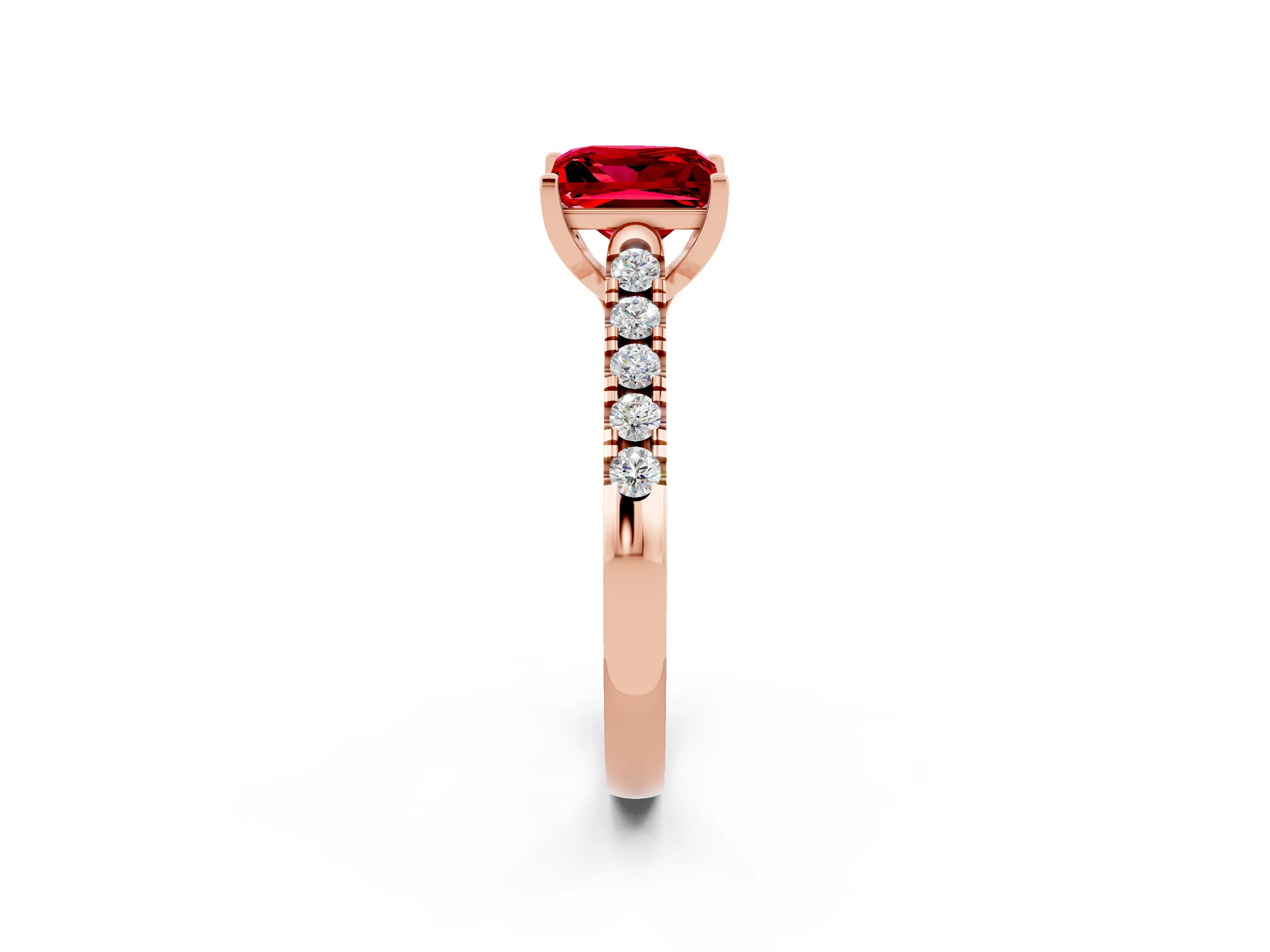 Rose gold {shape_name} Ruby Solitaire Ring with Pavé Band and Four-Prong Setting_2