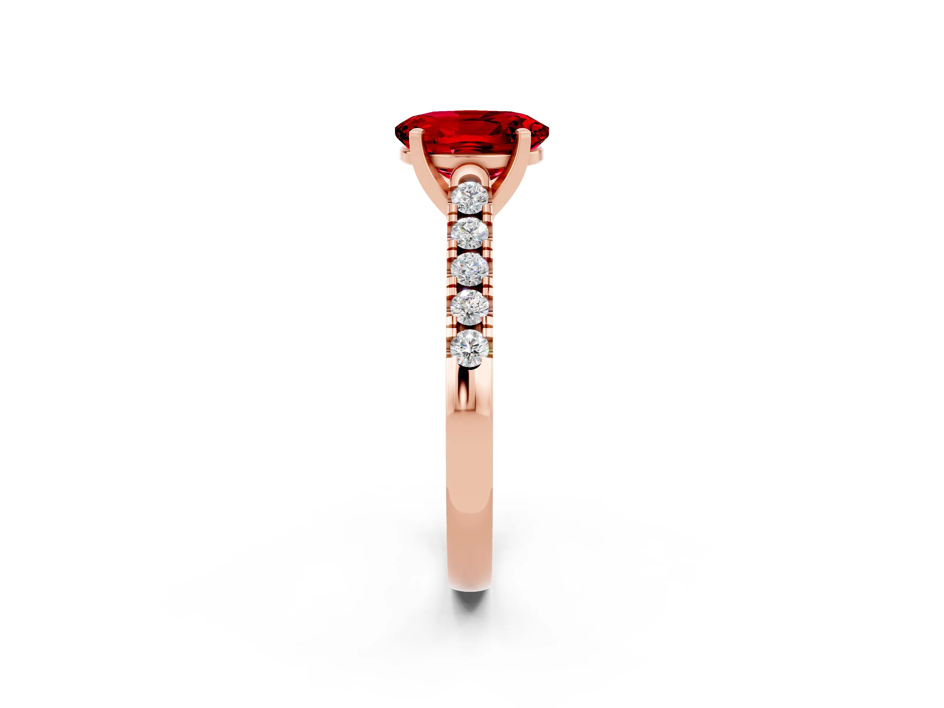 Rose gold {shape_name} Ruby Solitaire Ring with Pavé Band and Four-Prong Setting_2