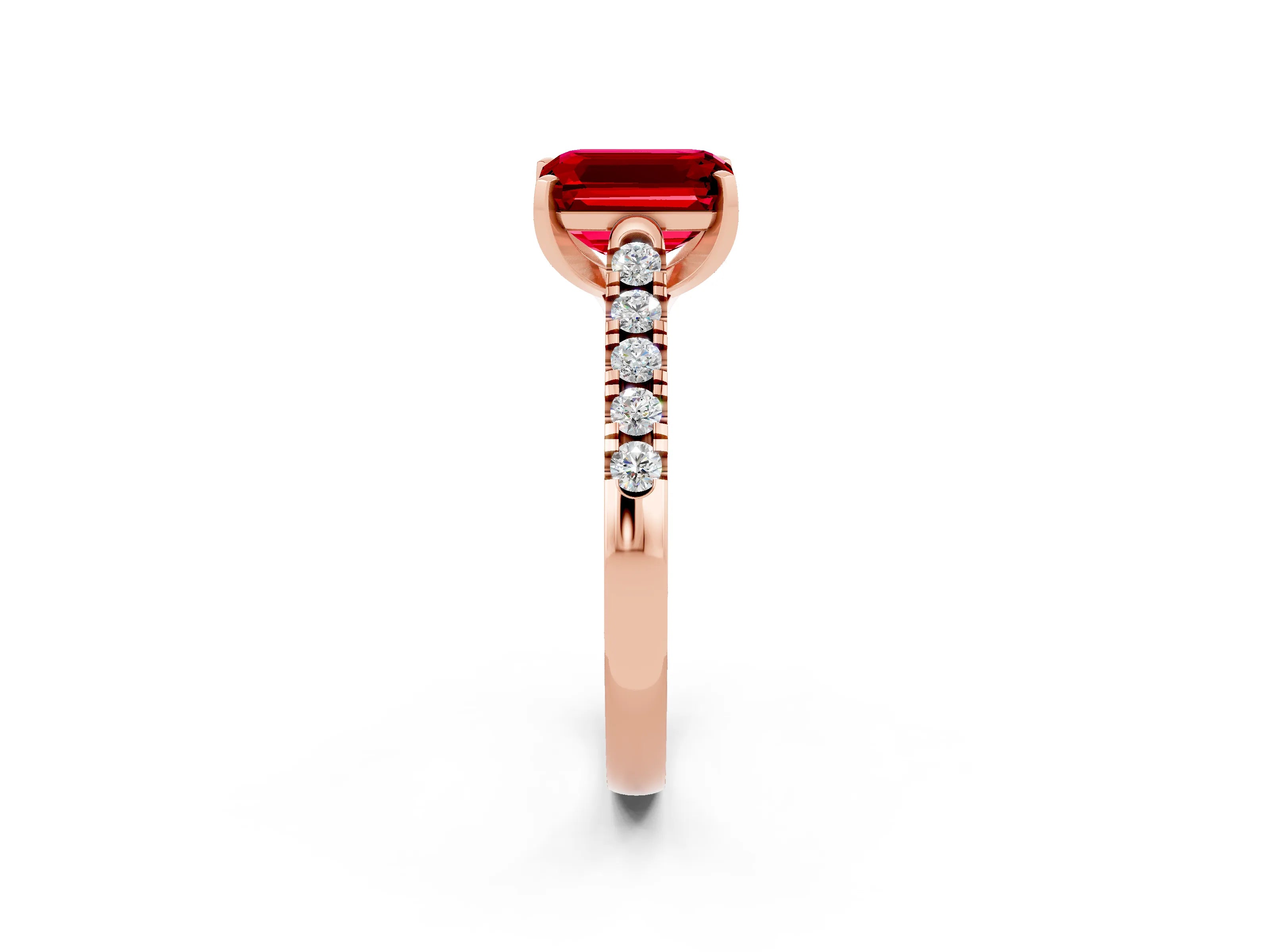Rose gold {shape_name} Ruby Solitaire Ring with Pavé Band and Four-Prong Setting_2