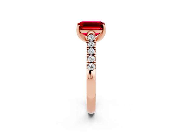 Rose gold Emerald Cut Ruby Pavé Band Solitaire Ring with Prong Setting