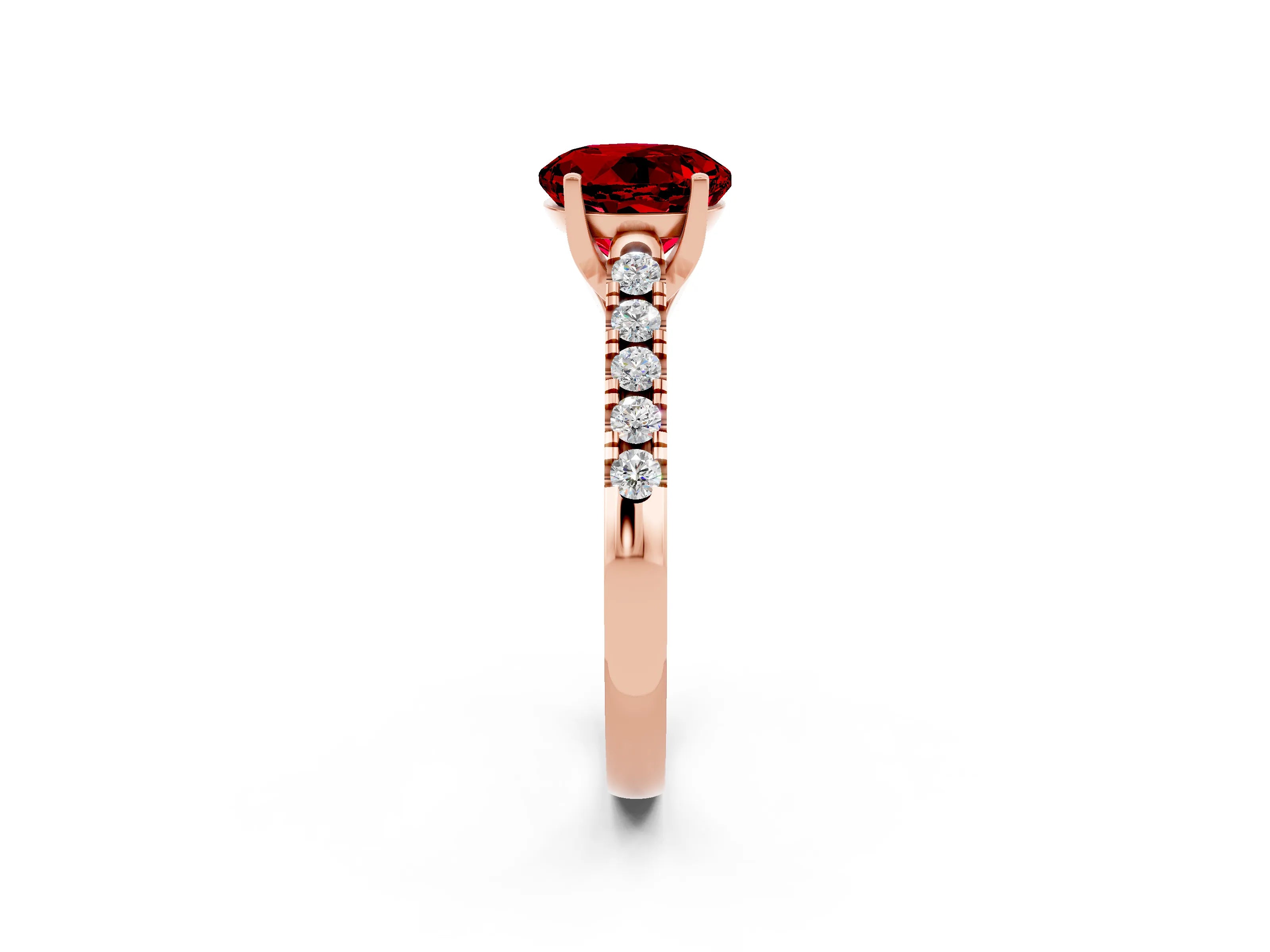 Rose gold {shape_name} Ruby Solitaire Ring with Pavé Band and Four-Prong Setting_2