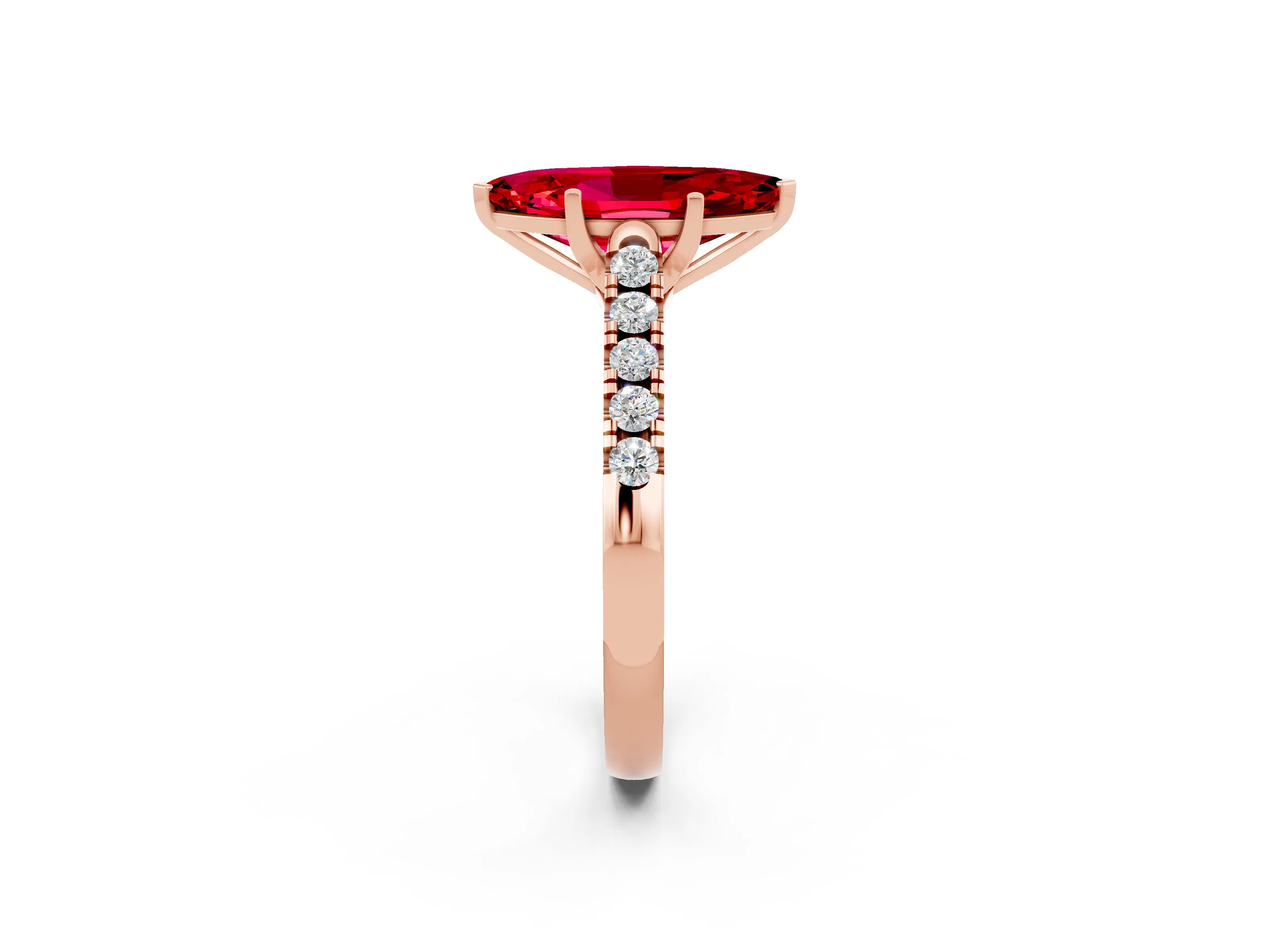 Rose gold {shape_name} Ruby Solitaire Ring with Pavé Band and Four-Prong Setting_2