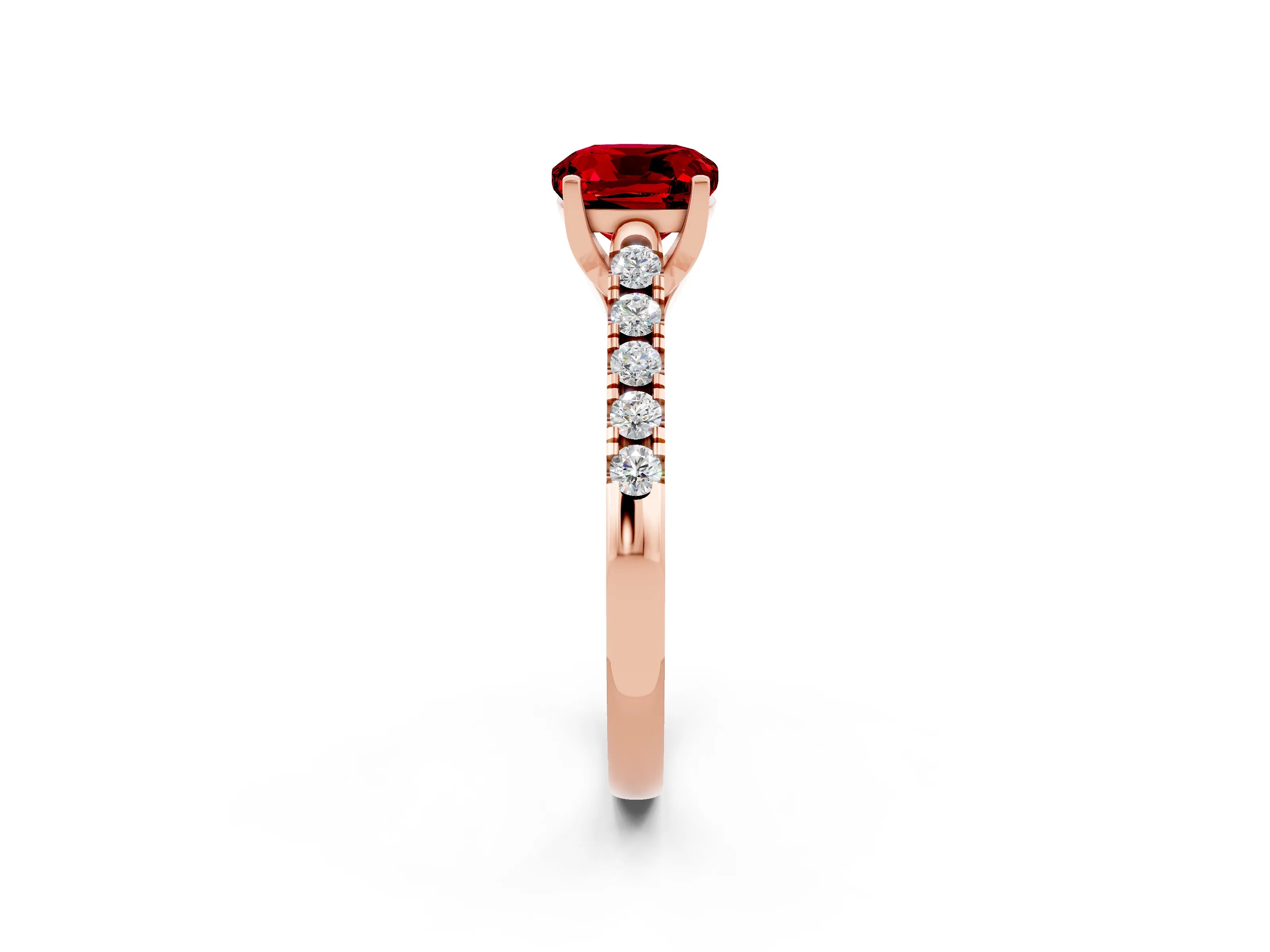Rose gold {shape_name} Ruby Solitaire Ring with Pavé Band and Four-Prong Setting_2