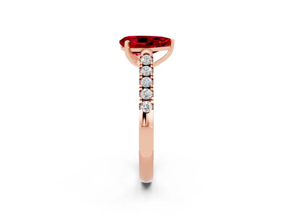 Rose gold Pear Cut Ruby Pavé Band Solitaire Ring with Prong Setting