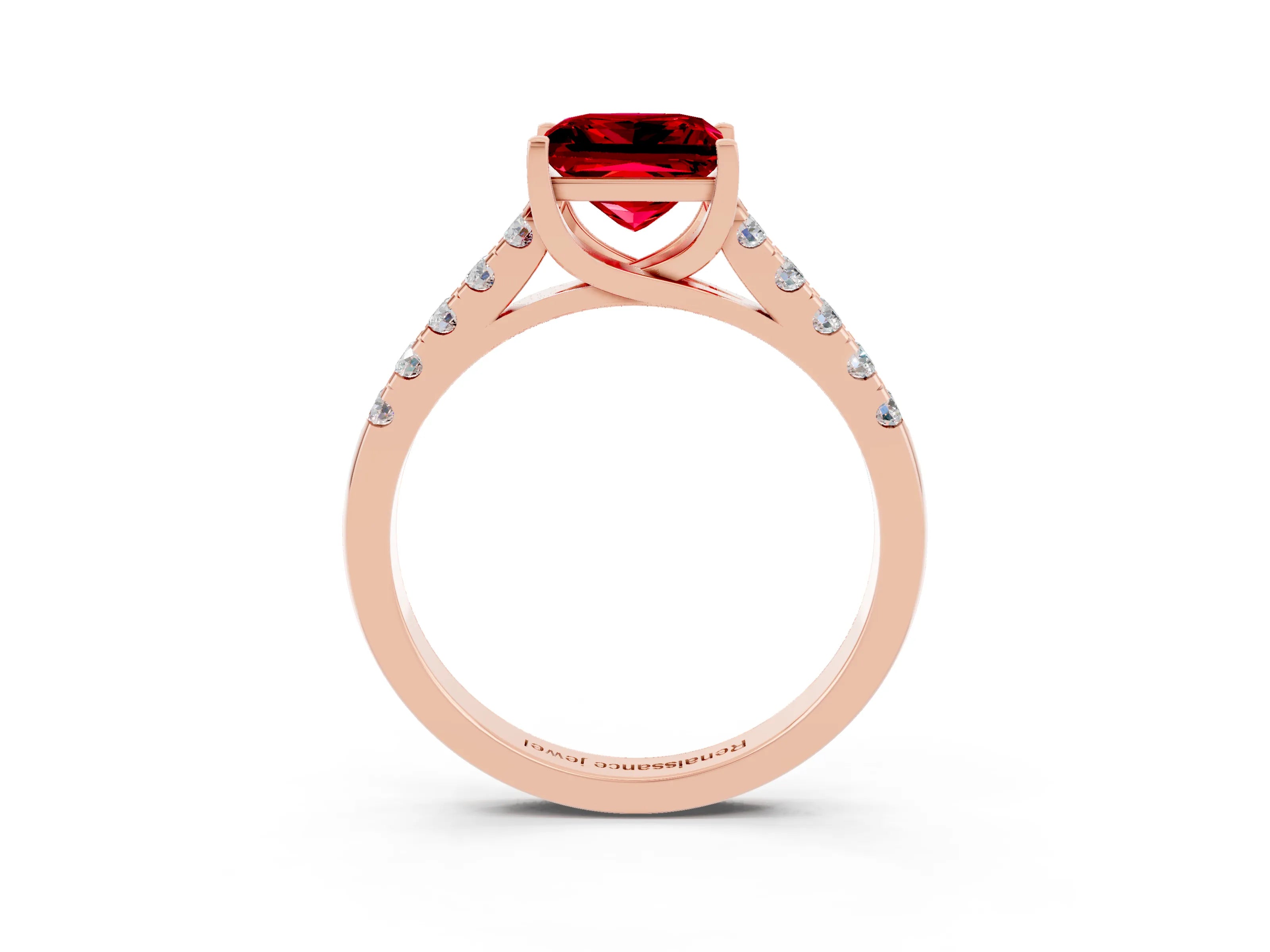 Rose gold {shape_name} Ruby Solitaire Ring with Pavé Band and Four-Prong Setting_3