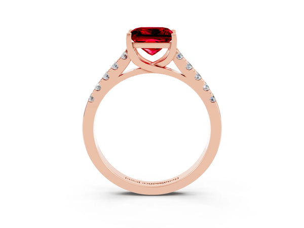Rose gold Princess Cut Ruby Pavé Band Solitaire Ring with Prong Setting