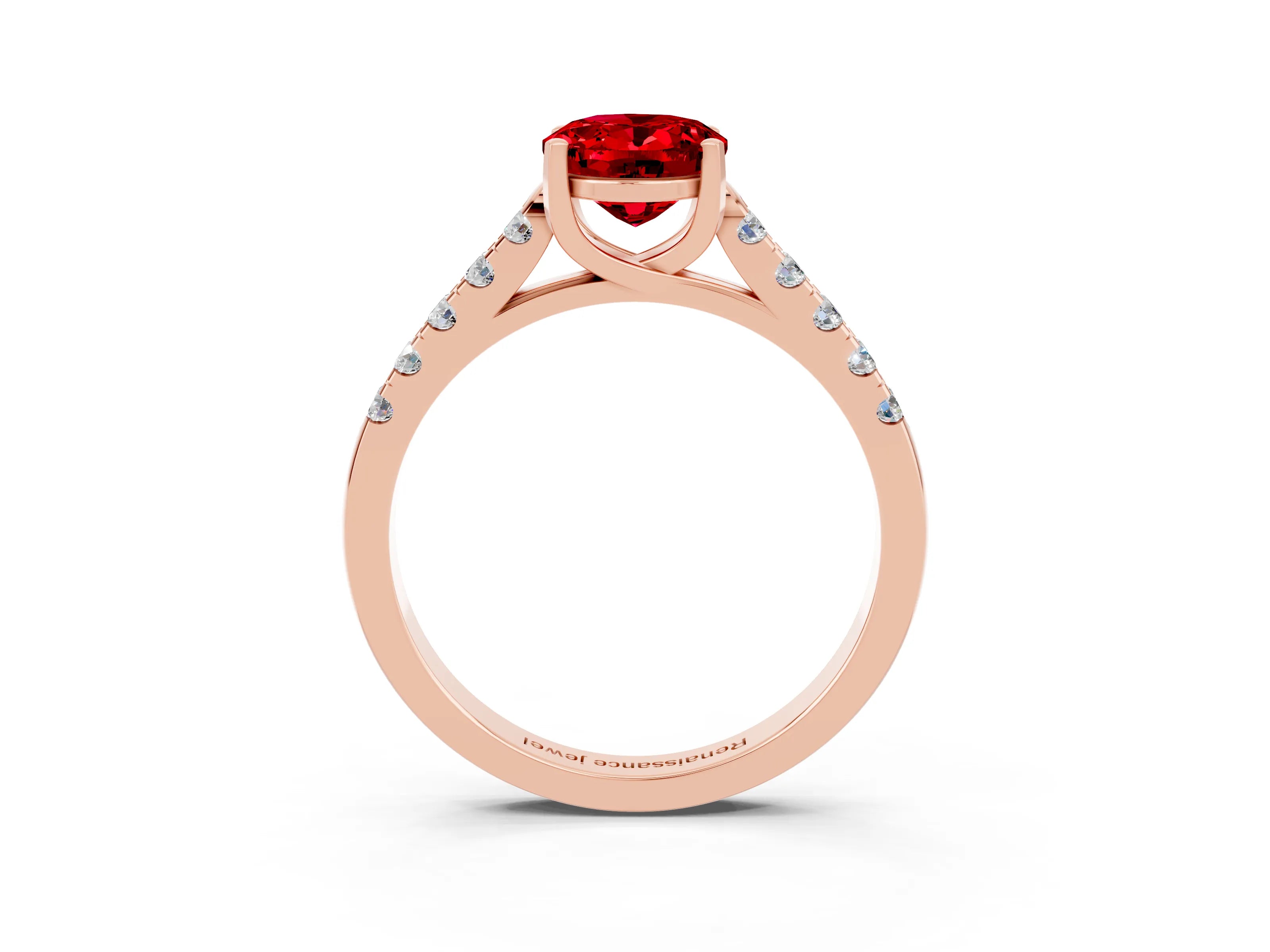 Rose gold {shape_name} Ruby Solitaire Ring with Pavé Band and Four-Prong Setting_3