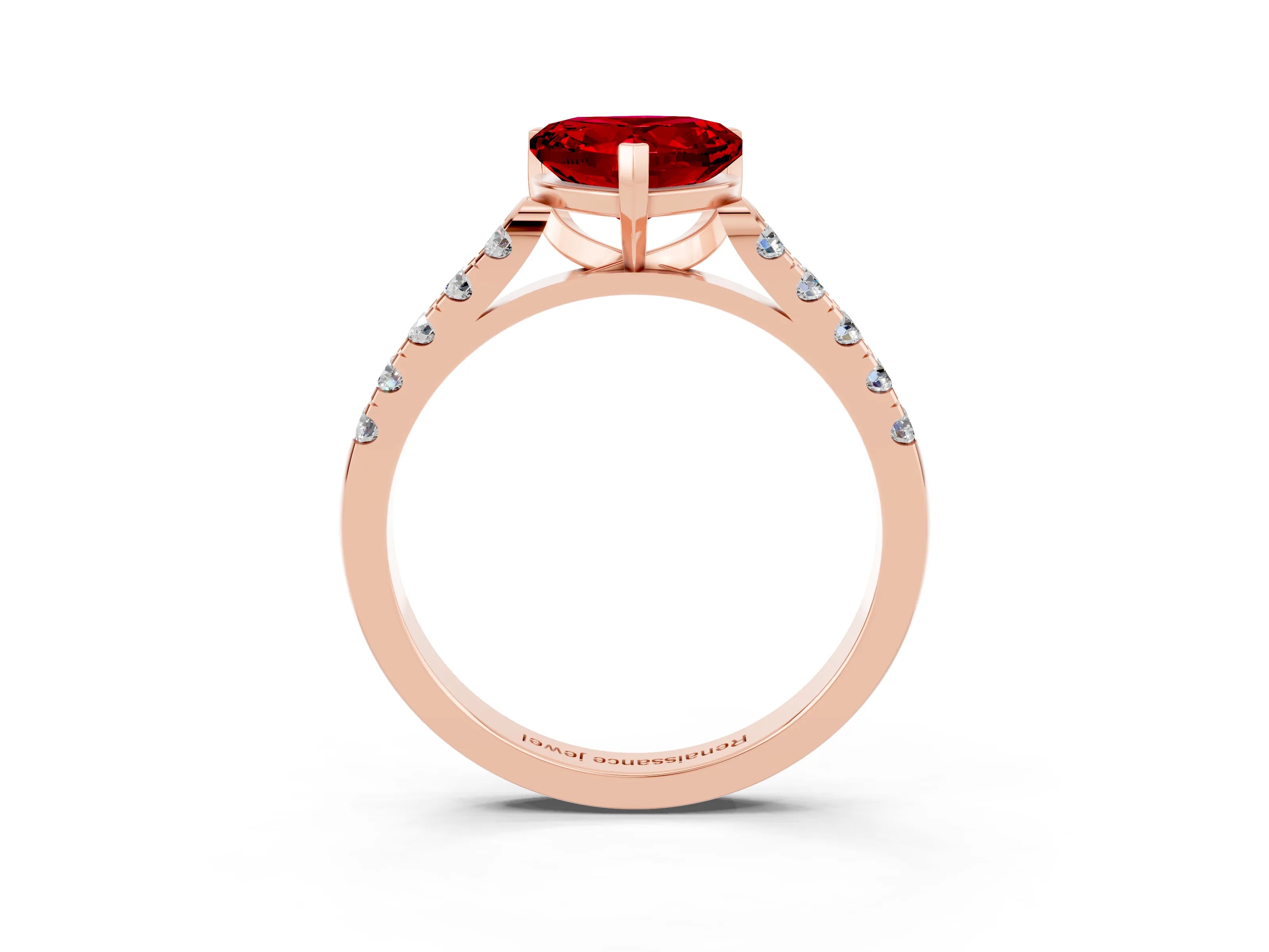 Rose gold {shape_name} Ruby Solitaire Ring with Pavé Band and Four-Prong Setting_3