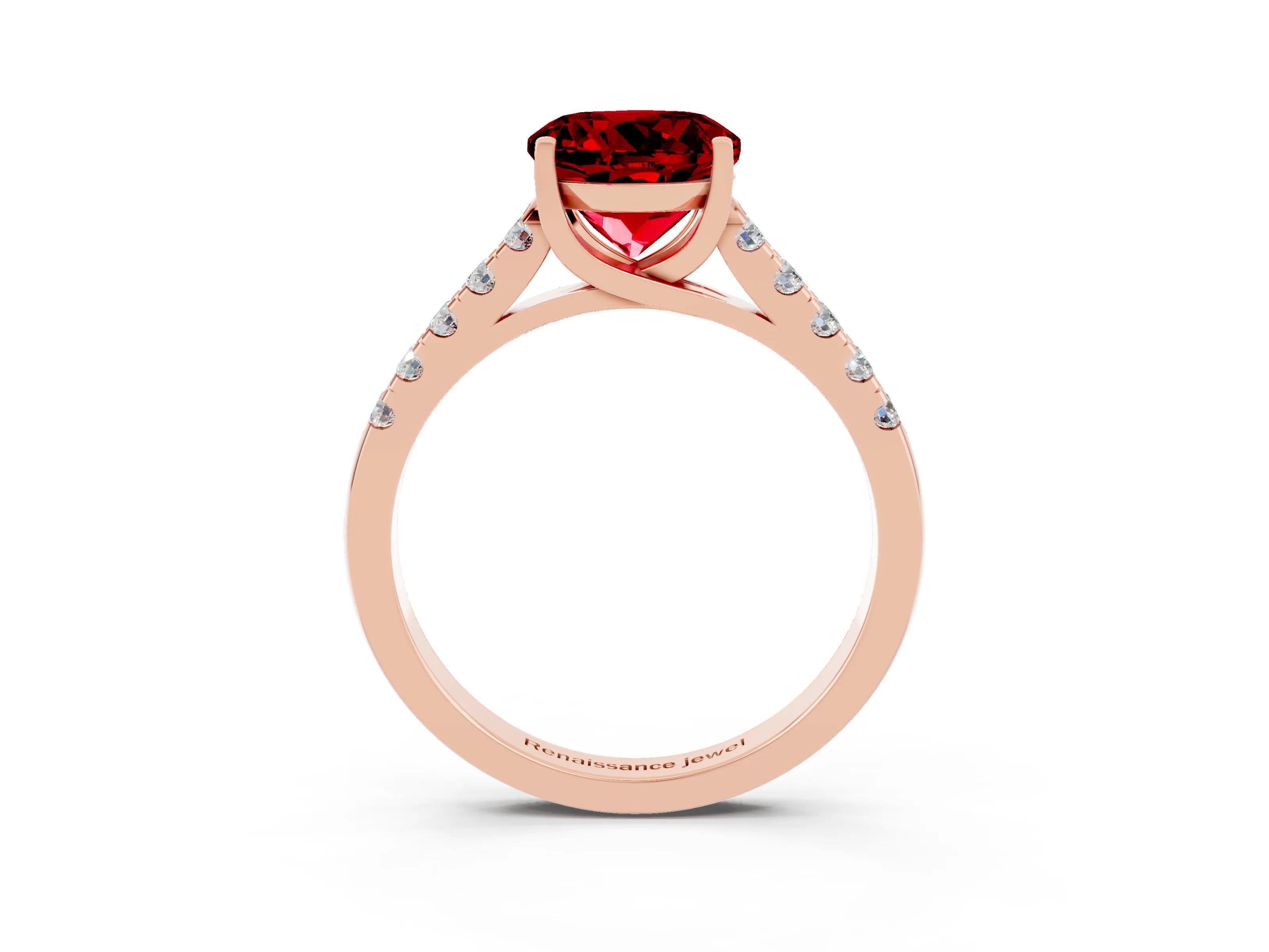Rose gold {shape_name} Ruby Solitaire Ring with Pavé Band and Four-Prong Setting_3