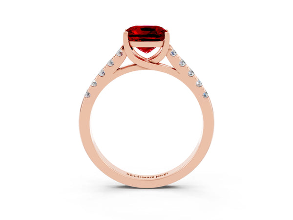 Rose gold Cushion Cut Ruby Pavé Band Solitaire Ring with Prong Setting