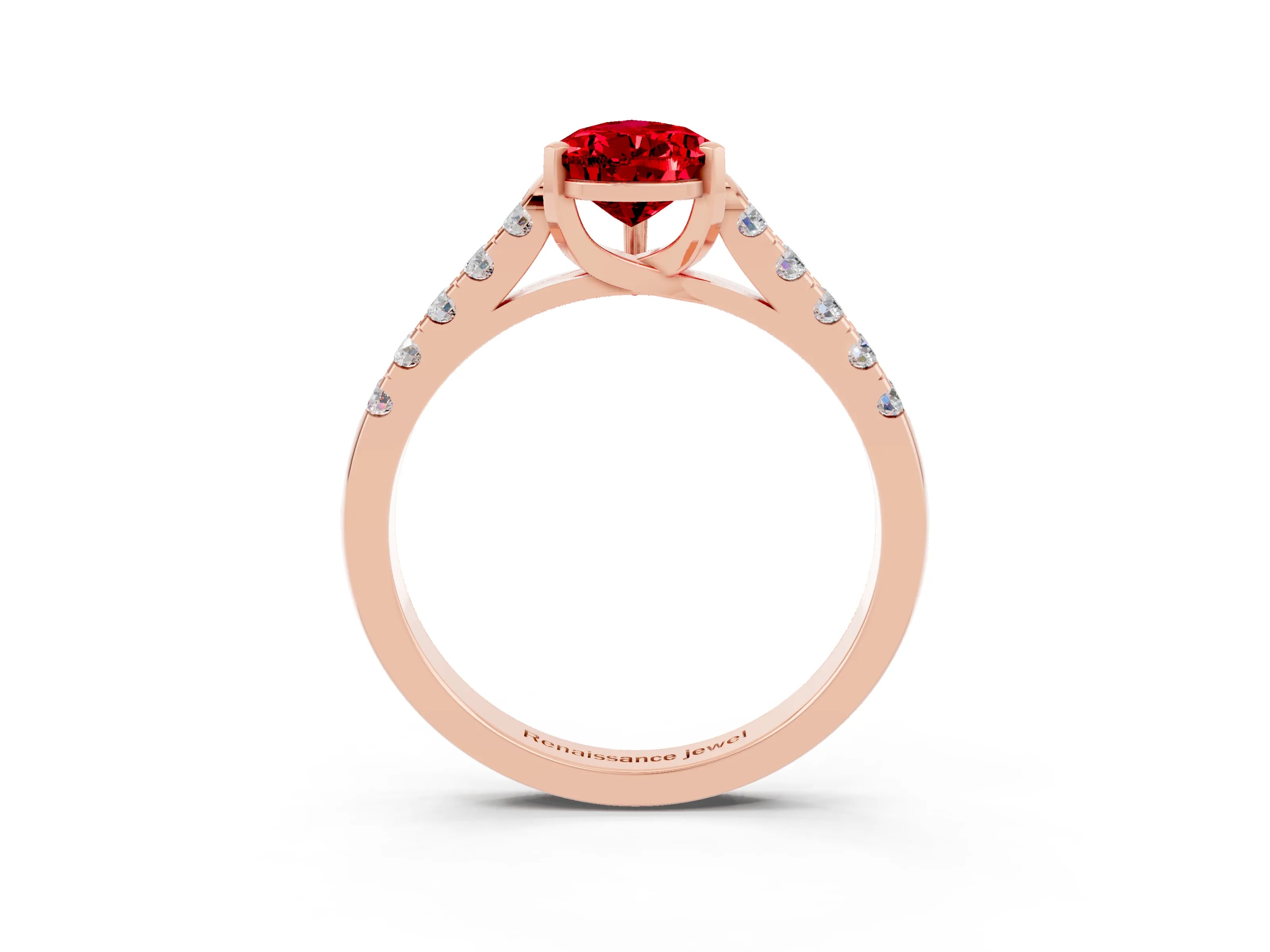 Rose gold {shape_name} Ruby Solitaire Ring with Pavé Band and Four-Prong Setting_3