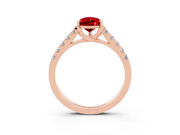 Rose gold Pear Cut Ruby Pavé Band Solitaire Ring with Prong Setting