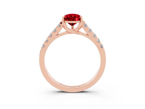 Rose gold {shape_name} Ruby Solitaire Ring with Pavé Band and Four-Prong Setting_3