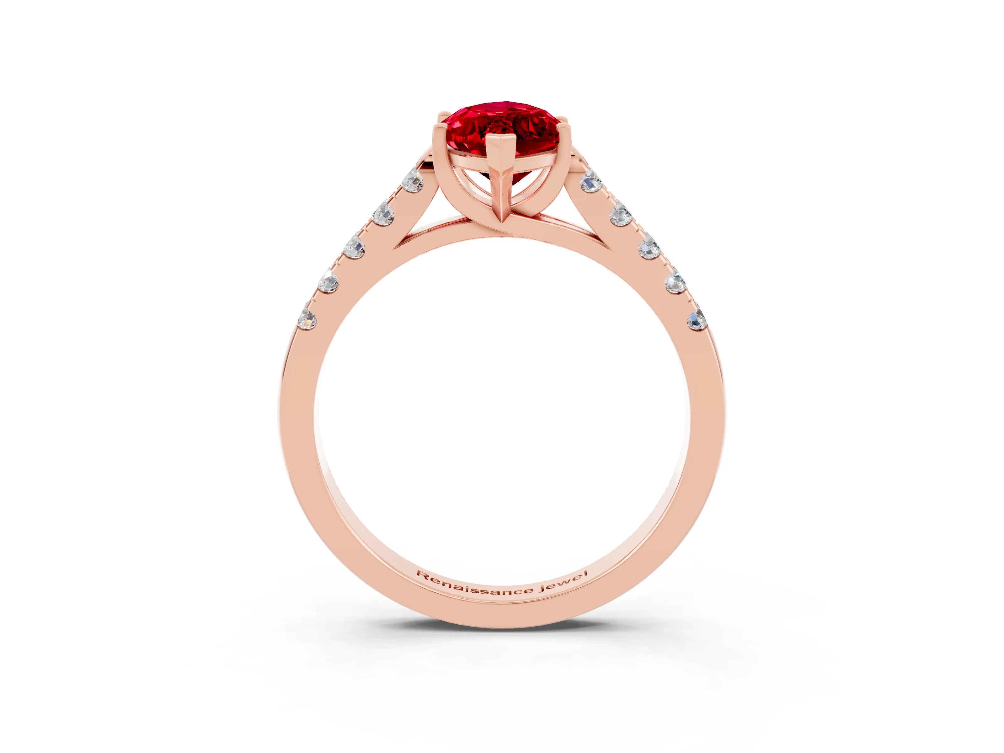 Rose gold {shape_name} Ruby Solitaire Ring with Pavé Band and Four-Prong Setting_3