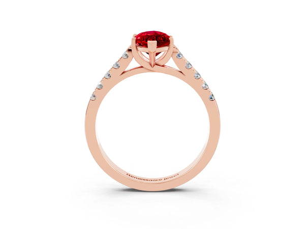 Rose gold Marquise Cut Ruby Pavé Band Solitaire Ring with Prong Setting