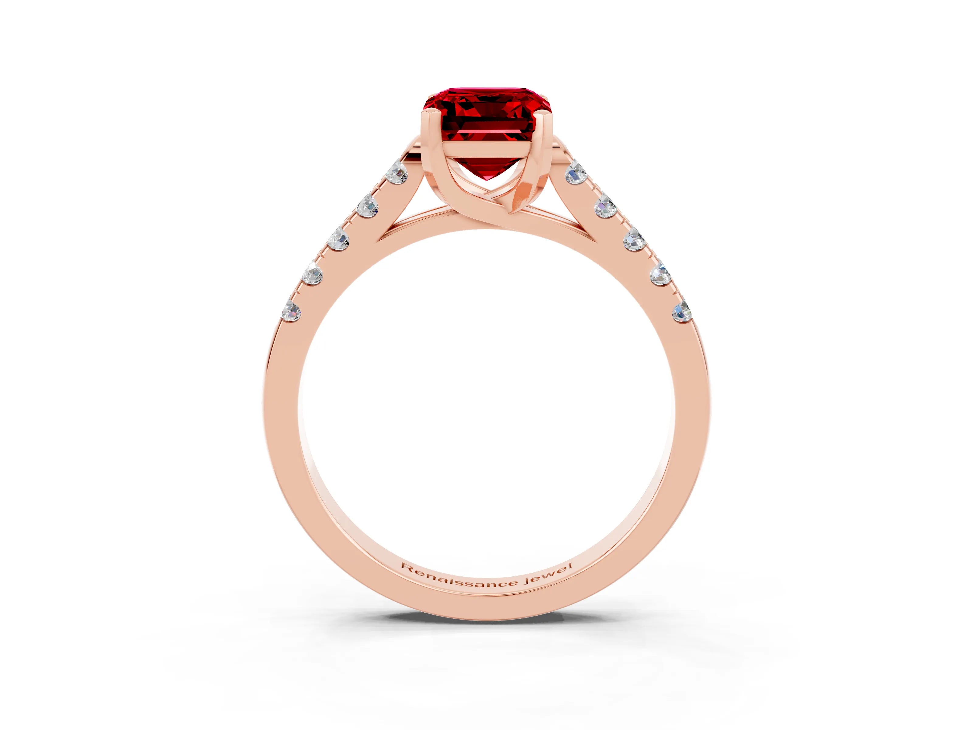 Rose gold {shape_name} Ruby Solitaire Ring with Pavé Band and Four-Prong Setting_3