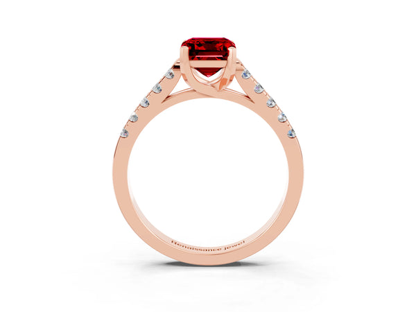 Rose gold Emerald Cut Ruby Pavé Band Solitaire Ring with Prong Setting