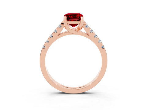 Rose gold {shape_name} Ruby Solitaire Ring with Pavé Band and Four-Prong Setting_3