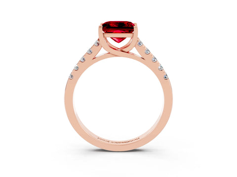 Rose gold {shape_name} Ruby Solitaire Ring with Pavé Band and Four-Prong Setting_3