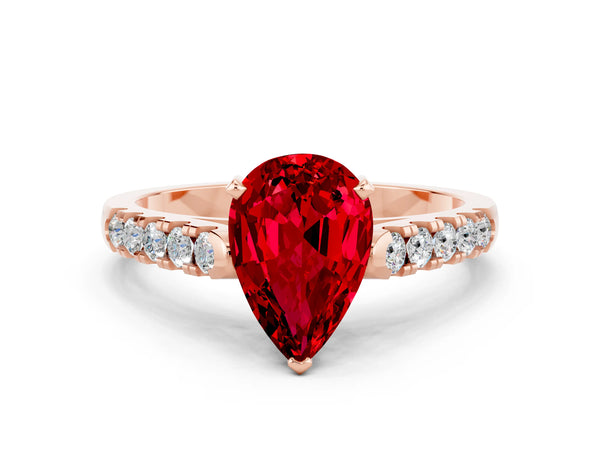 Rose gold Pear Cut Ruby Pavé Band Solitaire Ring with Prong Setting