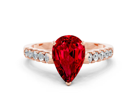 Rose gold {shape_name} Ruby Solitaire Ring with Pavé Band and Four-Prong Setting