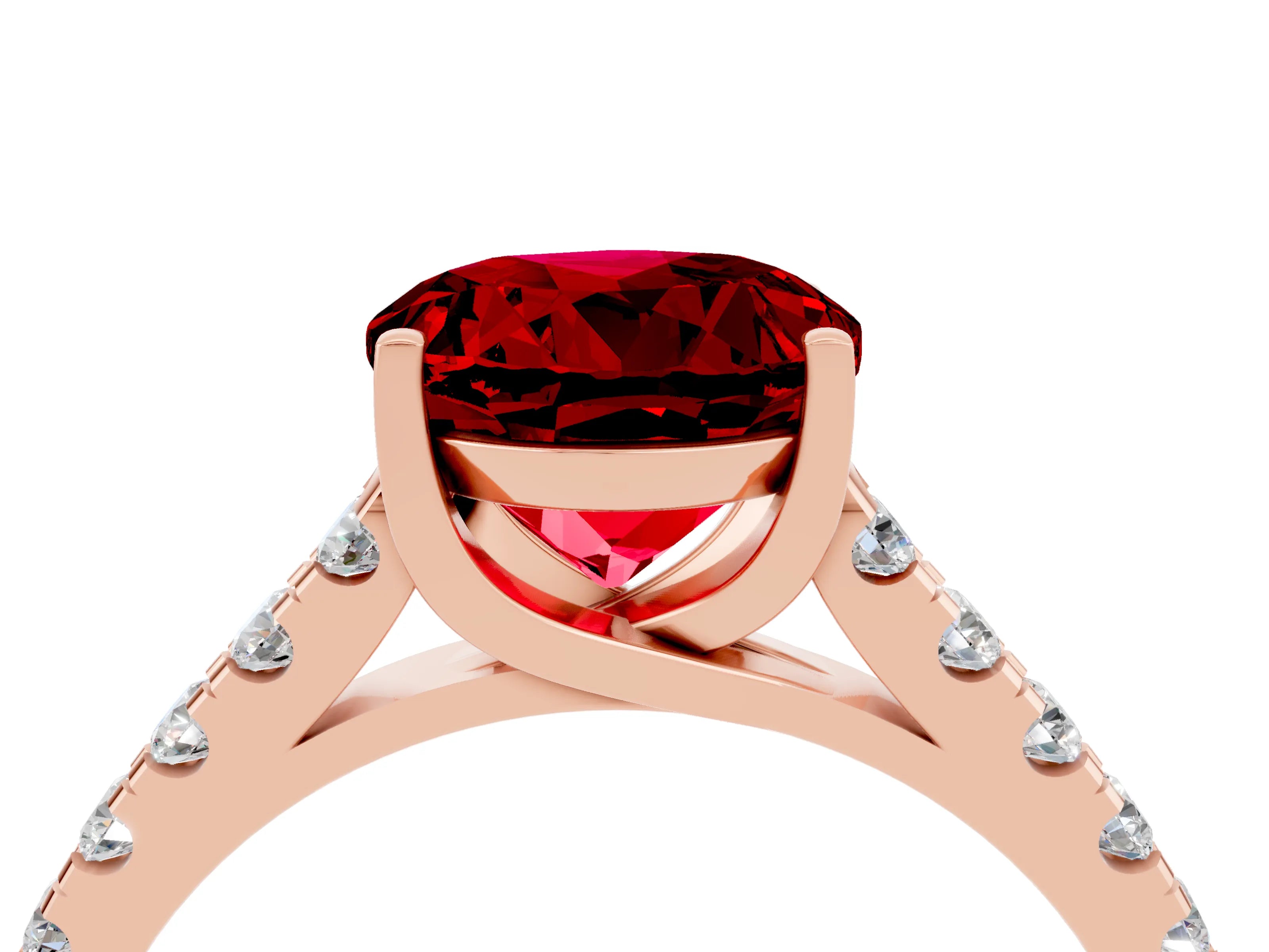 Rose gold {shape_name} Ruby Solitaire Ring with Pavé Band and Four-Prong Setting_4