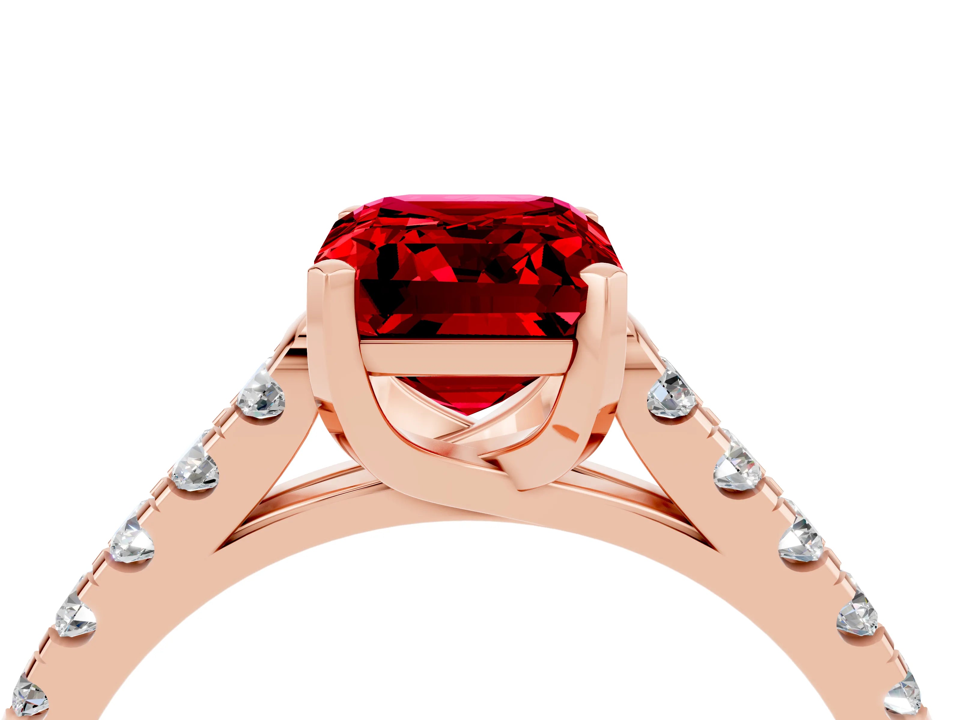 Rose gold {shape_name} Ruby Solitaire Ring with Pavé Band and Four-Prong Setting_4
