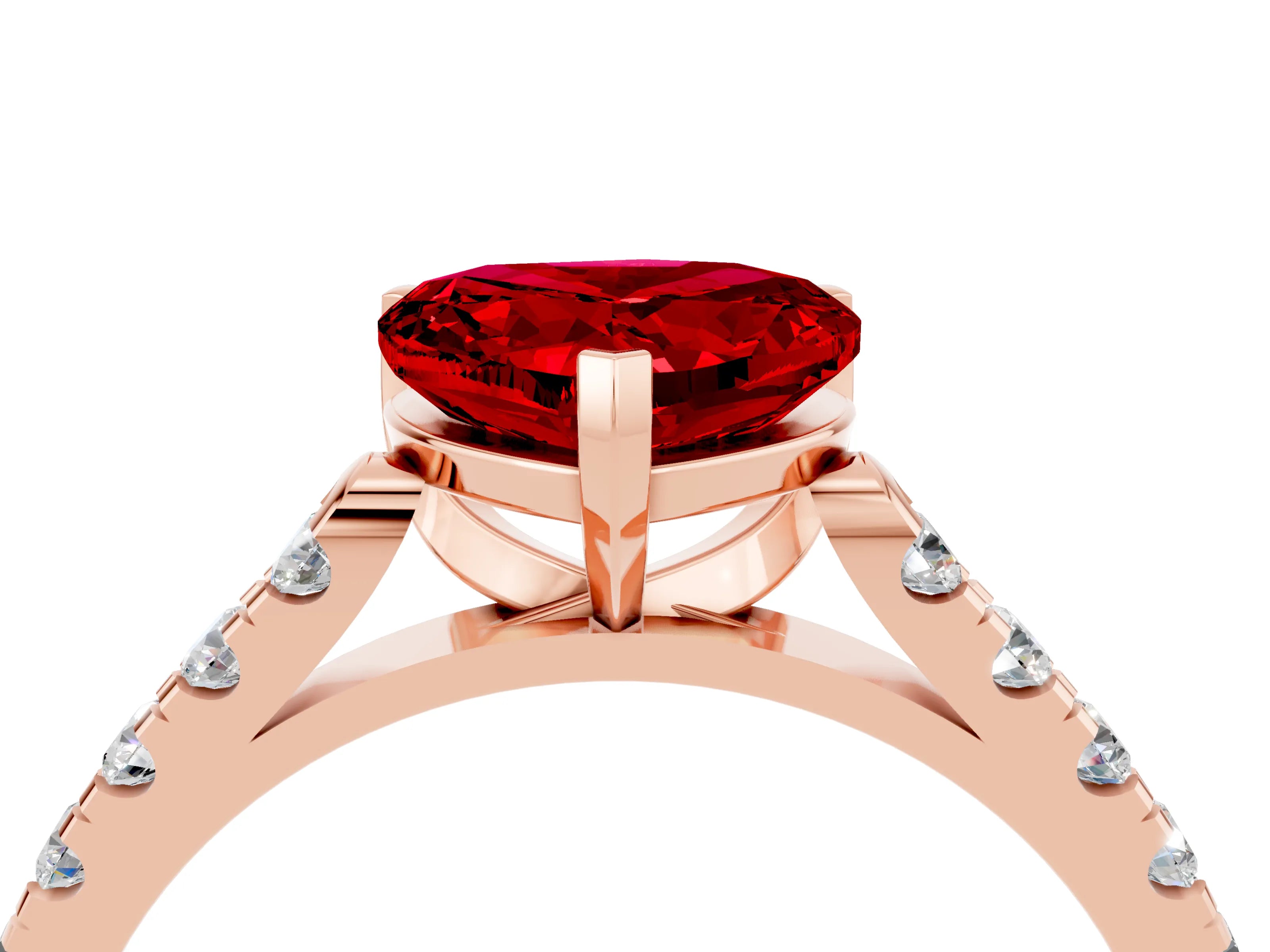 Rose gold {shape_name} Ruby Solitaire Ring with Pavé Band and Four-Prong Setting_4