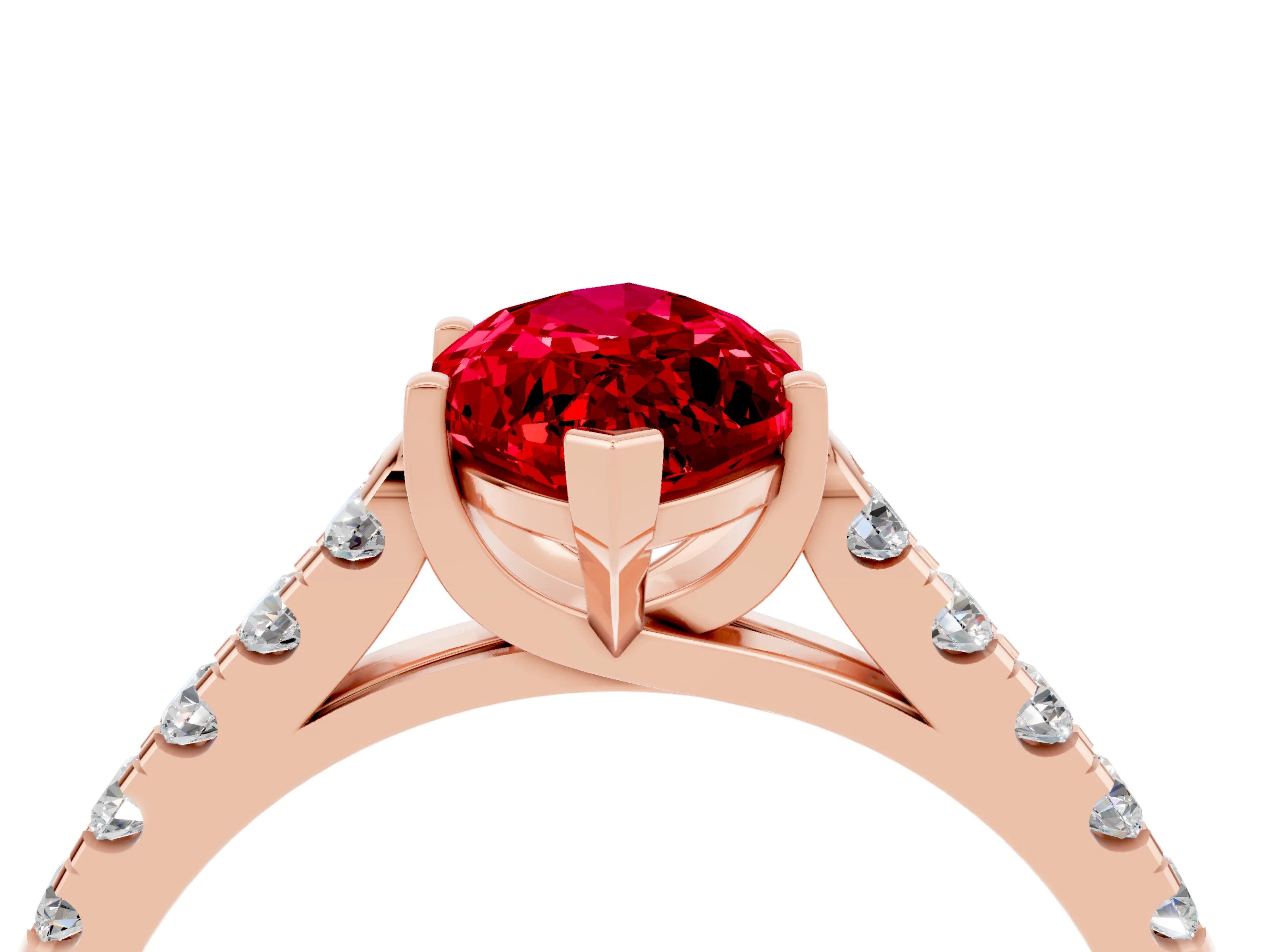 Rose gold {shape_name} Ruby Solitaire Ring with Pavé Band and Four-Prong Setting_4
